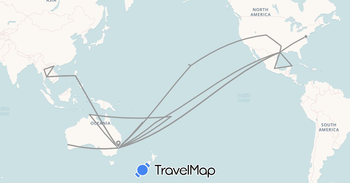 TravelMap itinerary: driving, plane in Australia, Fiji, Mexico, Philippines, Thailand, United States, Vietnam, Vanuatu, Samoa (Asia, North America, Oceania)